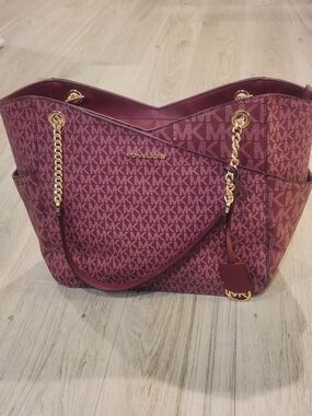 Michael Kors Jet Set Travel Medium Chain Tote Burgundy MK Logo Shoulder Bag